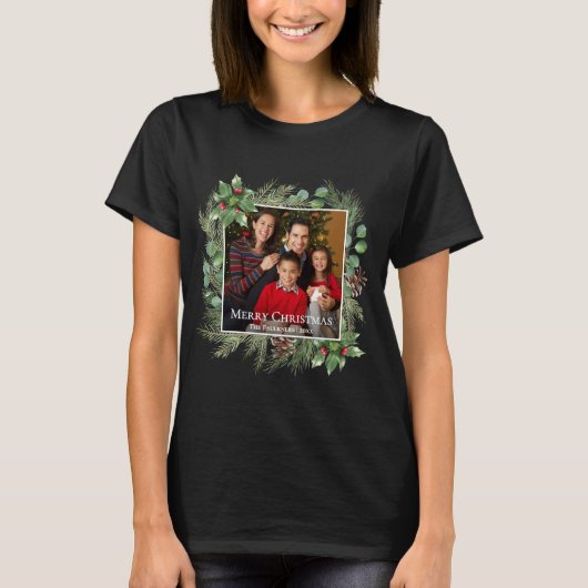 Merry Christmas Photo Wreath Botanical T-Shirt (Vorderseite)