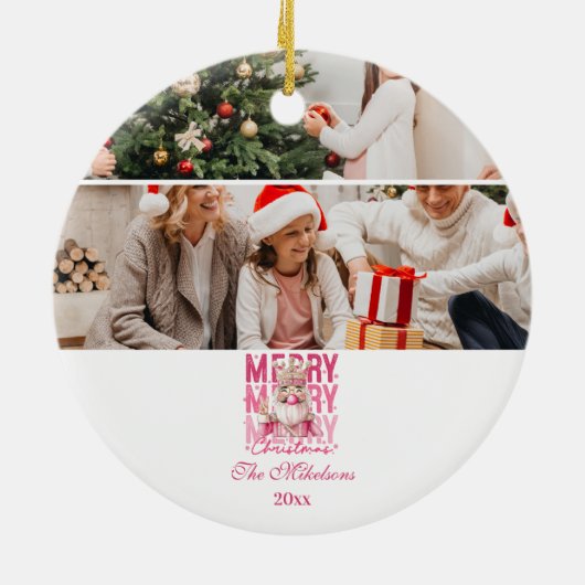 Merry Christmas Pink Nutcracker Family Photo Keramik Ornament (Hinten)