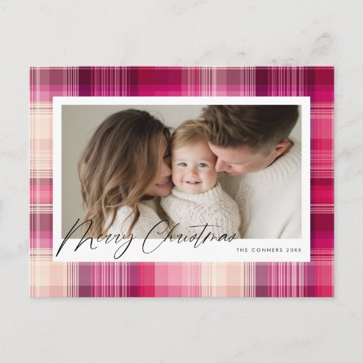 Merry Christmas pink plaid Feiertagspostkarte (Vorderseite)