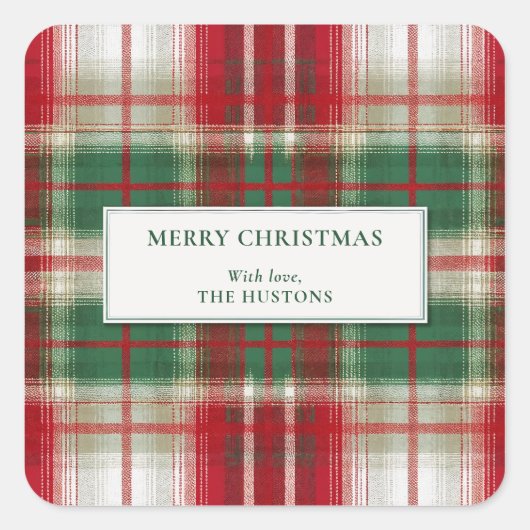 Merry Christmas Plaid Holiday Quadratischer Aufkleber (Vorderseite)