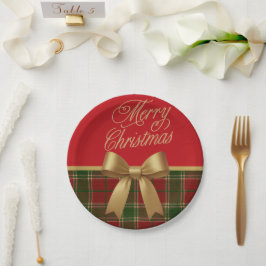 Merry Christmas Plaid Paper Plate with Gold Bow Pappteller