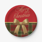 Merry Christmas Plaid Paper Plate with Gold Bow Pappteller (Vorderseite)