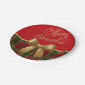 Merry Christmas Plaid Paper Plate with Gold Bow Pappteller (Schrägansicht)