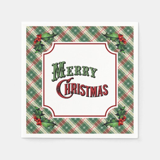 Merry Christmas Plaid with Holly Serviette (Vorderseite)