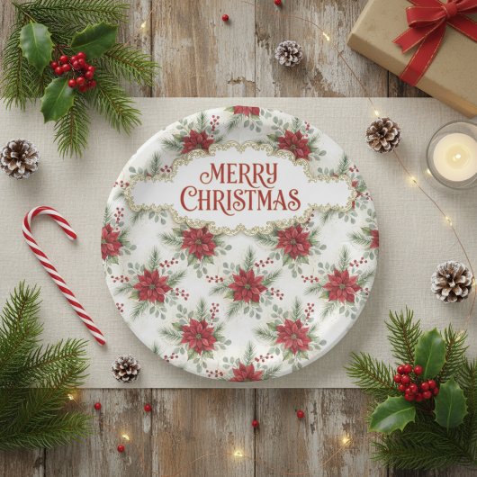 Merry Christmas Poinsettia Paper Plates Pappteller
