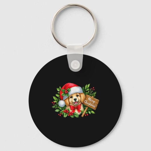 Merry Christmas Puppy Santa Hat Holly Sign Premium Schlüsselanhänger (Vorderseite)