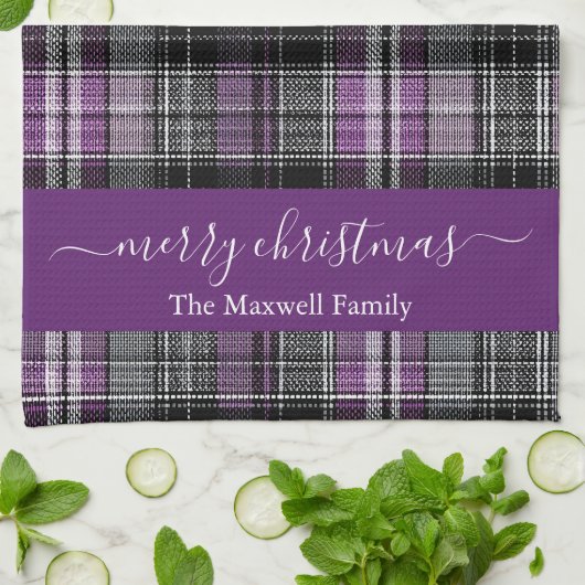 Merry Christmas purple tartan plaid script name Geschirrtuch (Gefaltet)