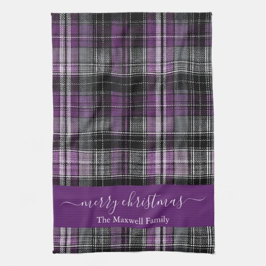 Merry Christmas purple tartan plaid script name Geschirrtuch (Vertikal)