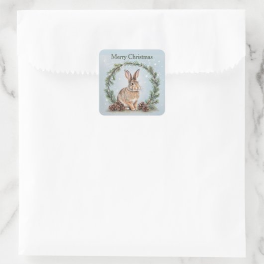 Merry Christmas Rabbit and Pine Quadratischer Aufkleber (Tasche)
