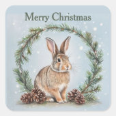 Merry Christmas Rabbit and Pine Quadratischer Aufkleber (Vorderseite)