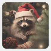Merry Christmas Racoon Quadratischer Aufkleber (Vorderseite)