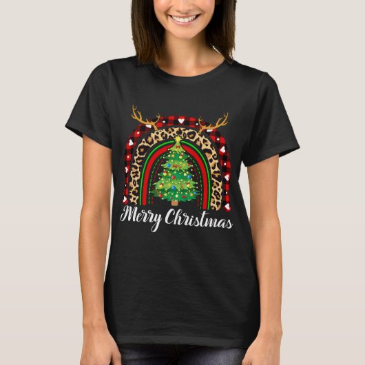 Merry Christmas Rainbow Tree Kariert Leopard Buffa T-Shirt (Vorderseite)