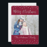 Merry Christmas Red and Silver Foil Stars Foto Feiertagskarte<br><div class="desc">Merry Christmas Red,  Burgundy,  Marsala and Silver Foil Stars Foto Card. The picture and family name can be replaced on the blue and silver Merry Christmas Card.</div>