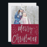 Merry Christmas Red and Silver Foil Stars Foto Feiertagskarte<br><div class="desc">Frohe Weihnachts Burgund,  Rot,  Marsala und Silver Foil Stars Fotokarte. Das Bild und der Familienname können auf der blauen und silbernen Weihnachtskarte ersetzt werden.</div>
