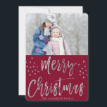 Merry Christmas Red and Silver Foil Stars Foto Feiertagskarte<br><div class="desc">Frohe Weihnachts Burgund,  Rot,  Marsala und Silver Foil Stars Fotokarte. Das Bild und der Familienname können auf der blauen und silbernen Weihnachtskarte ersetzt werden.</div>
