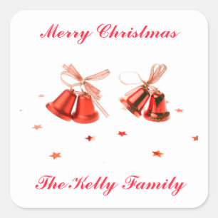 Merry Christmas Red Bells Decoration with text Quadratischer Aufkleber