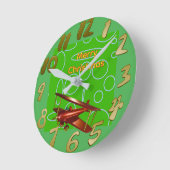 Merry Christmas Red Bi-plane on Green Circles Runde Wanduhr (Winkel)