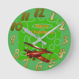 Merry Christmas Red Bi-plane on Green Circles Runde Wanduhr