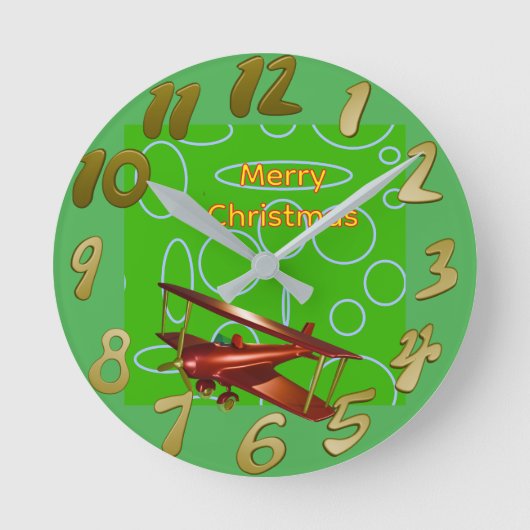 Merry Christmas Red Bi-plane on Green Circles Runde Wanduhr (Vorderseite)