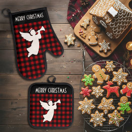 Merry Christmas Red & Black Buffalo Plaid Angel Ofenhandschuh & Topflappen-Set