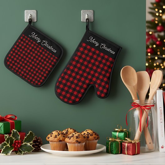 Merry Christmas Red & Black Buffalo Plaid Ofenhandschuh & Topflappen-Set