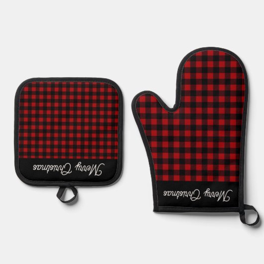 Merry Christmas Red & Black Buffalo Plaid Ofenhandschuh & Topflappen-Set (Vorderseite)