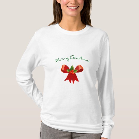 MERRY CHRISTMAS Red Bow mit Holly Festive Modern T-Shirt (Vorderseite)