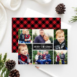 Merry Christmas Red Buffalo Plaid Photo Collage Feiertagskarte<br><div class="desc">Simple and modern style Christmas card features six (6) photos,  a custom holiday greeting,  and a red and black buffalo check plaid pattern on the back side. Photos credit: Two Fish Photography www.twofishphoto.com</div>