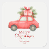 Merry Christmas Red Car – Personalized Holiday  Quadratischer Aufkleber (Vorderseite)