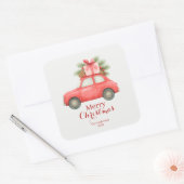 Merry Christmas Red Car – Personalized Holiday  Quadratischer Aufkleber (Umschlag)