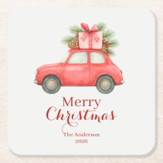 Merry Christmas Red Car – Personalized Holiday Rechteckiger Pappuntersetzer