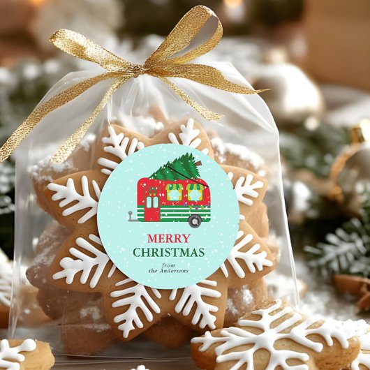 Merry Christmas Red Caravan Christmas Tree Custom Runder Aufkleber