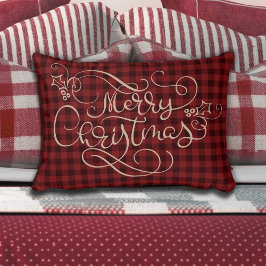 Merry Christmas Red Gingham Tan Script Typografie Dekokissen