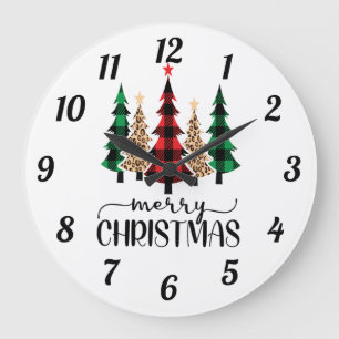 Merry Christmas Red Green and Black Plaid Trees  Große Wanduhr