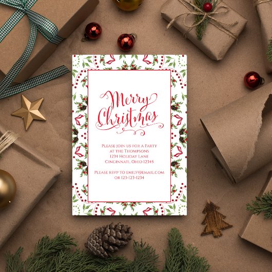 Merry Christmas Red Green Pinecone Pattern Party Einladung