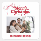 Merry Christmas red hand-drawn bow retro photo Quadratischer Aufkleber (Vorderseite)