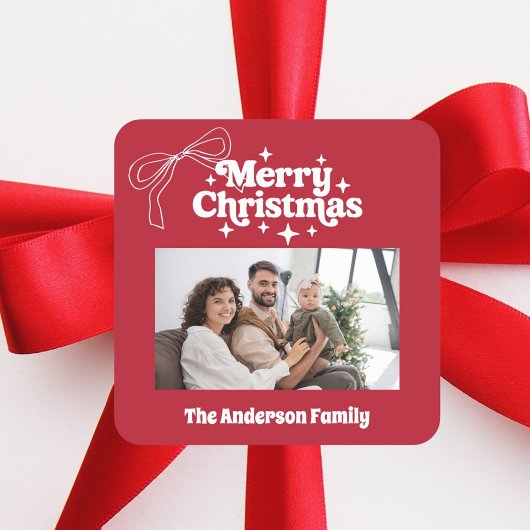 Merry Christmas red hand-drawn bow retro photo Quadratischer Aufkleber