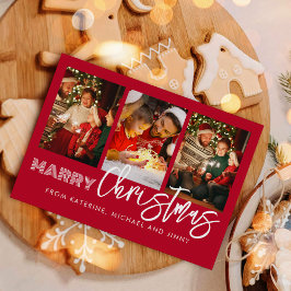 Merry Christmas Red Photo Collage Family Card Feiertagskarte