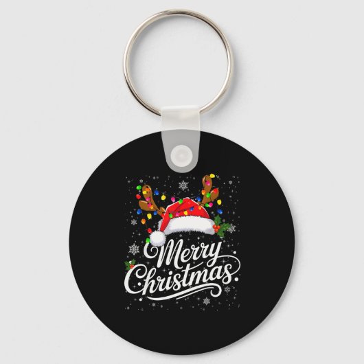 Merry Christmas Red Santa Hat Reindeer Family Xmas Schlüsselanhänger (Vorderseite)