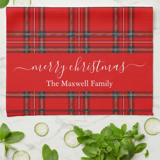 Merry Christmas red tartan plaid script name Geschirrtuch (Gefaltet)