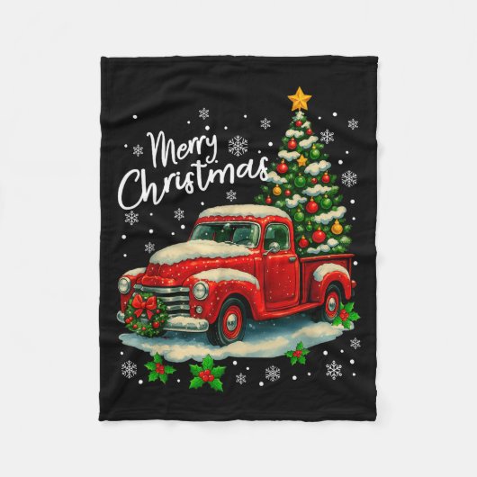 Merry Christmas Red Truck Funny Xmas Tree Family M Fleecedecke (Vorderseite)