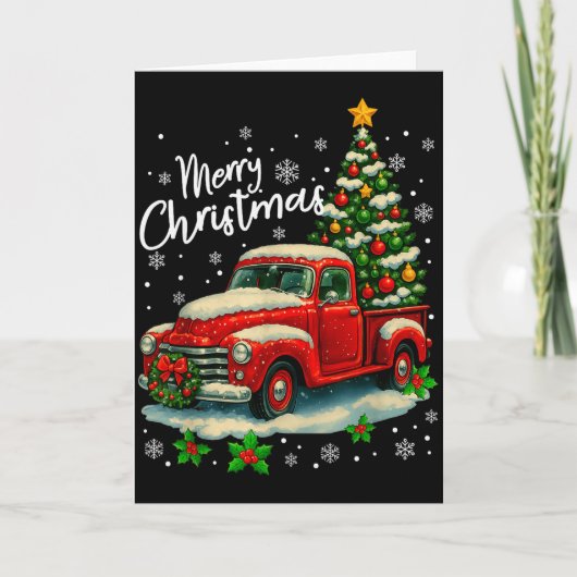Merry Christmas Red Truck Funny Xmas Tree Family M Karte (Vorderseite)