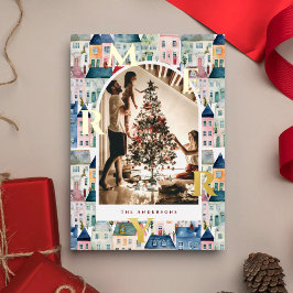 Merry Christmas Red Watercolor Houses Arch Photo Folien Feiertagskarte