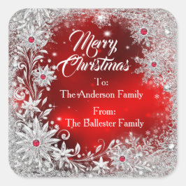 Merry Christmas Red White snowflakes red gems  Quadratischer Aufkleber