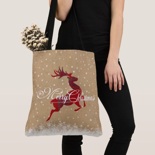 Merry Christmas Reindeer Kraft & Tartan Red ID590 Tasche (Von Nahem)