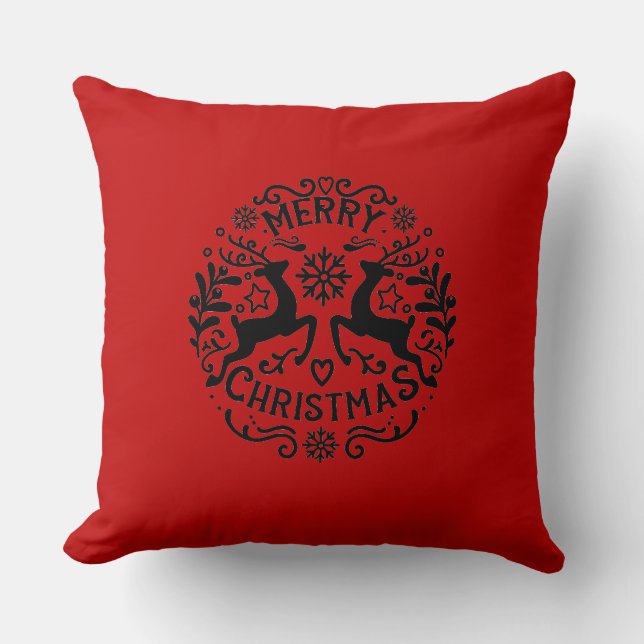 Merry Christmas Reindeer, Red Black Kissen (Vorderseite)