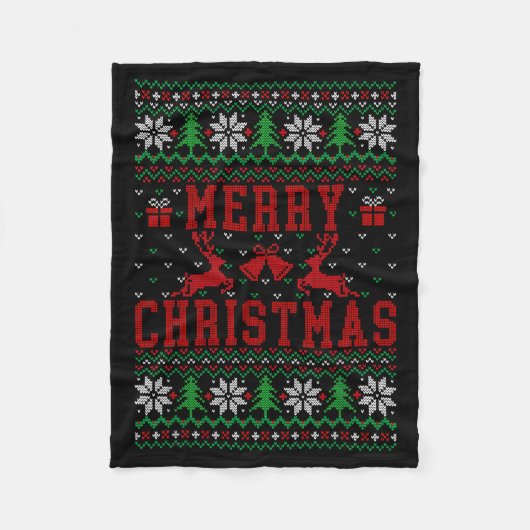 Merry Christmas Reindeer Snowflake Ugly Christmas Fleecedecke (Vorderseite)