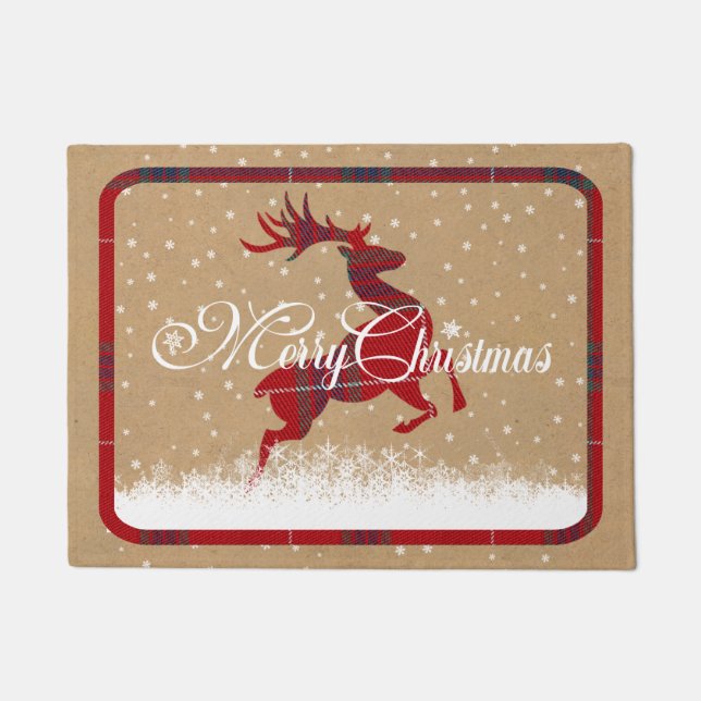 Merry Christmas Reindeer Tartan Red/Kraft ID590 Fußmatte (Vorderseite)