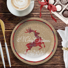 Merry Christmas Reindeer Tartan Red/Kraft ID590 Pappteller