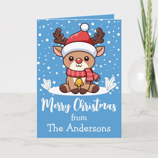 Merry Christmas Reindeer With Santa Hat Custom Karte (Vorderseite)